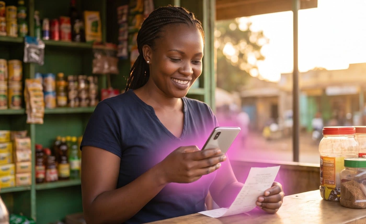 A shop owner at her kiosk using her phone to photograph a receipt